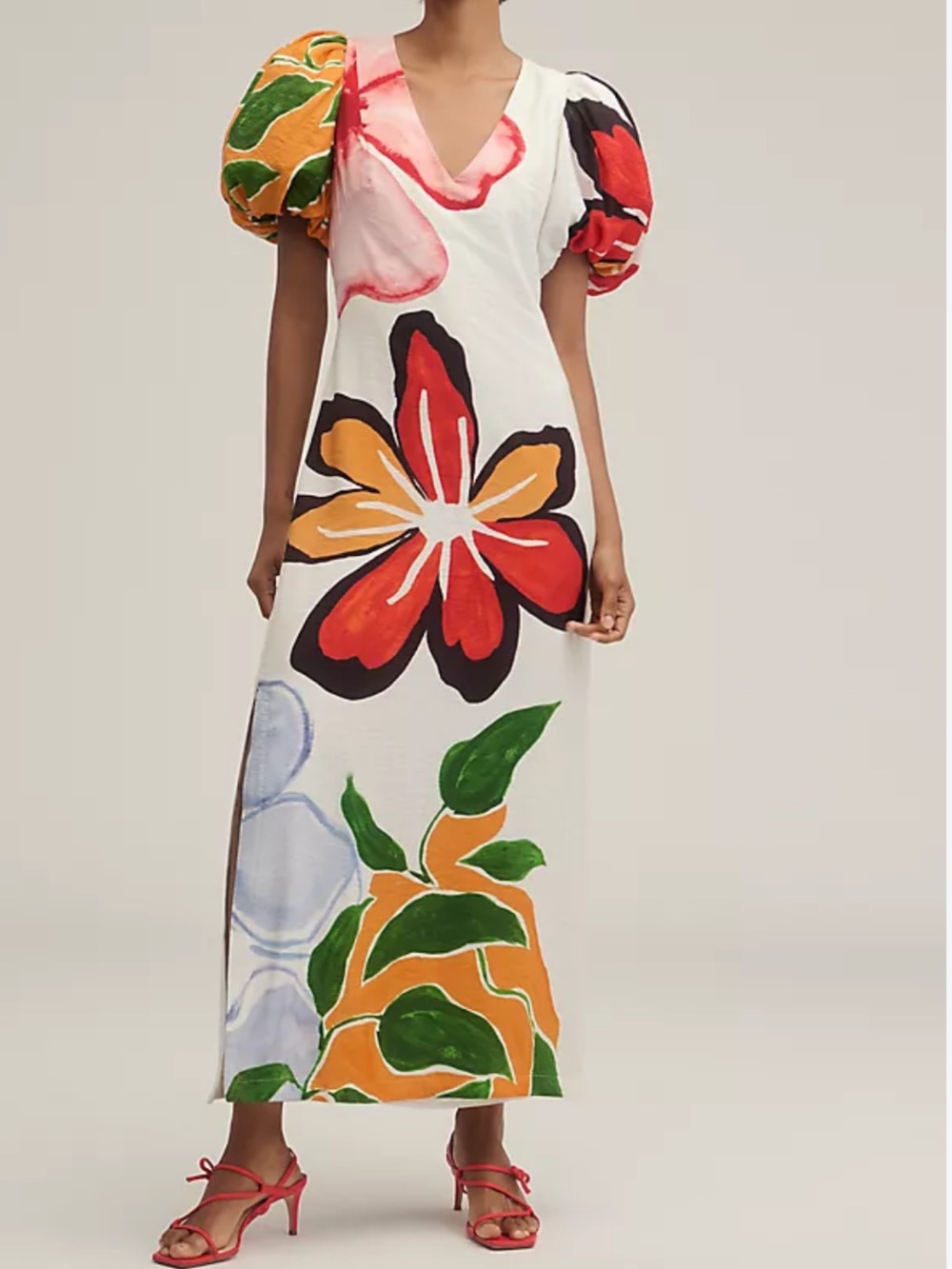Anthropologie White Maxi Dress with Bold Red, Orange & Green Floral Print